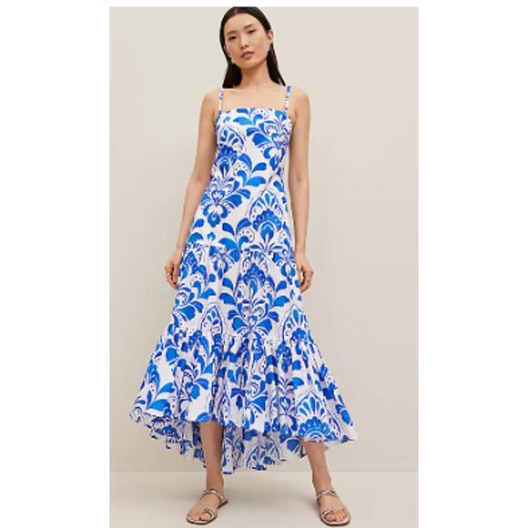 Ann Taylor 8 Tiered Ruffle Dresses Strapless Blue White Coastal Cotton Preppy - Picture 1 of 4